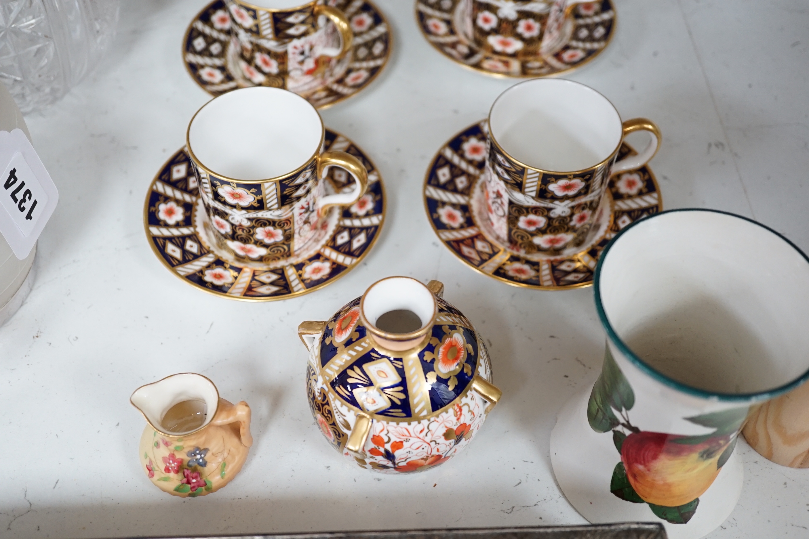 A quantity of items including two glass carafes, glass biscuit barrel, metal box, a Royal Crown Derby coffee set, etc (14)